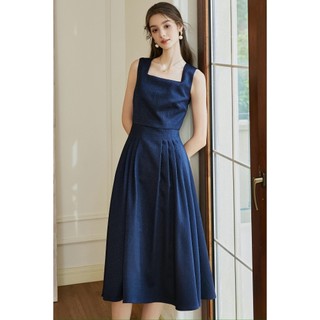 Váy xếp xoè cổ vuông sát nách màu xanh đen đơn gản