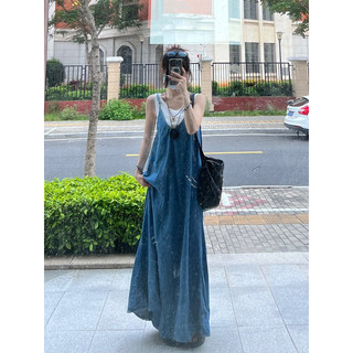 Váy yếm dài qua gối váy đi biển 2 dây dáng rộng denim đầm maxi váy jean 2 dây dáng dài retro đầm nữ y074