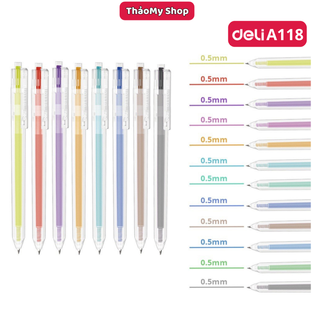 Bút bi nước mực gel nhiều màu bút chính hãng Deli A118 ngòi 0.5mm bút bi viết khô nhanh trơn tru đều mực