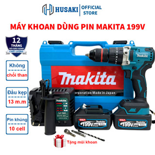 Máy khoan pin cầm tay MAKITA 199V KHÔNG CHỔI THAN 13mm khoan búa bắn vít mạnh mẽ bảo hành 12 tháng