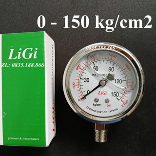 Đồng hồ đo áp suất, đo áp lực Từ 0 - 150 kg/cm2 có dầu chống rung, mặt 63, ren 13mm LIGI
