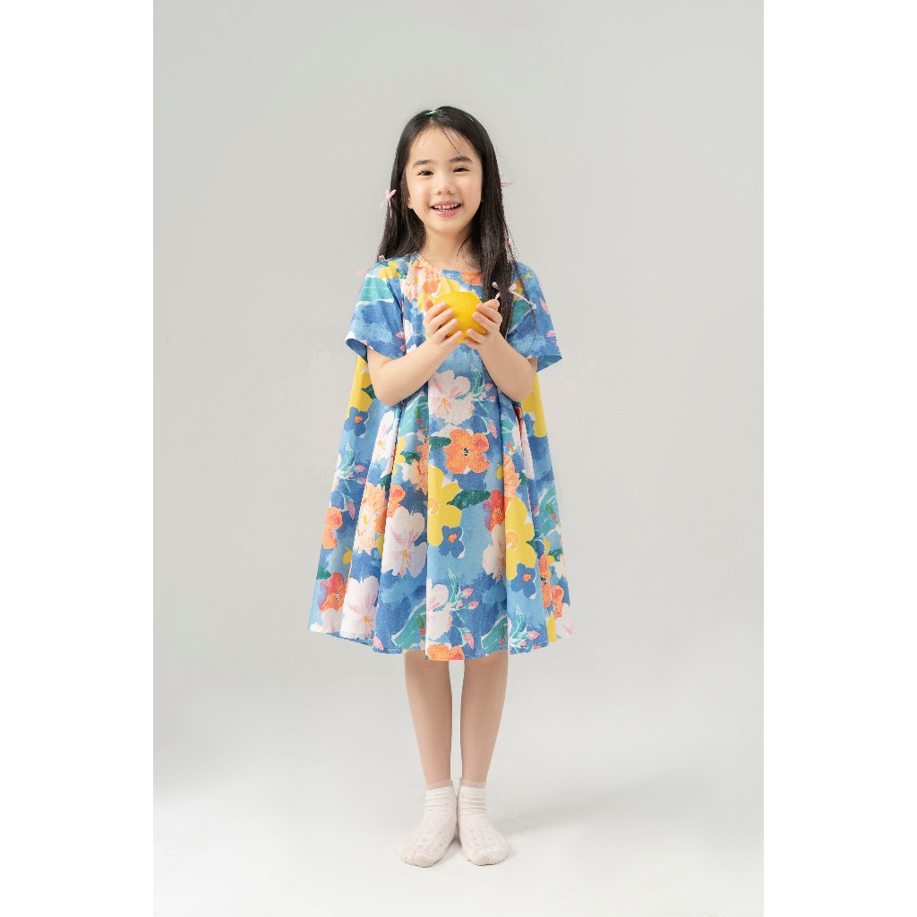 Đầm dự tiệc LEAH babydoll dáng xoè cộc tay thô in hoa xinh xắn cho bé từ 3,4,5,6,7,8,9,10 tuổi - Nao