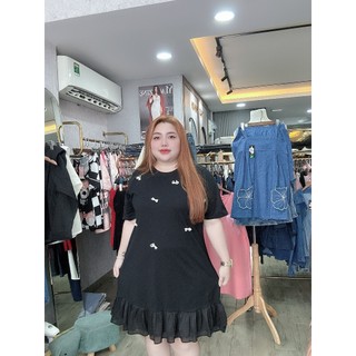 Đầm bigsize nữ THẢO MINHON dáng suông ngắn đính nơ phối bèo thời trang, fom rộng 60-90kg