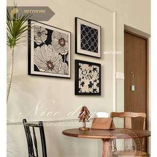 Tranh đơn vuông Canvas cao cấp Cổ Điển Indochine Hoa Lá Trừu Tượng Đen Trắng Nghệ Thuật Trang trí phòng khách MELYHOME D