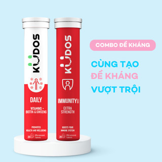 Combo  Viên sủi KUDOS IMMUNITY BOOST EXTRA  STRENGTH + KUDOS DAILY VITAMINS PLUS BIOTIN  & GINSENG (20 viên/ Tuýp)