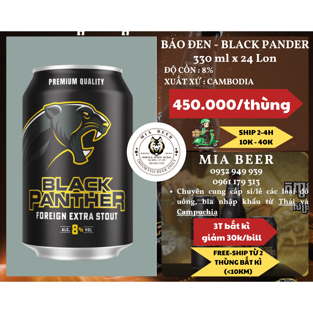 [HỎA TỐC-HCM] - Bia Black Panther 8% (BIA ĐEN) Campuchia Thùng 24Lon*330ML