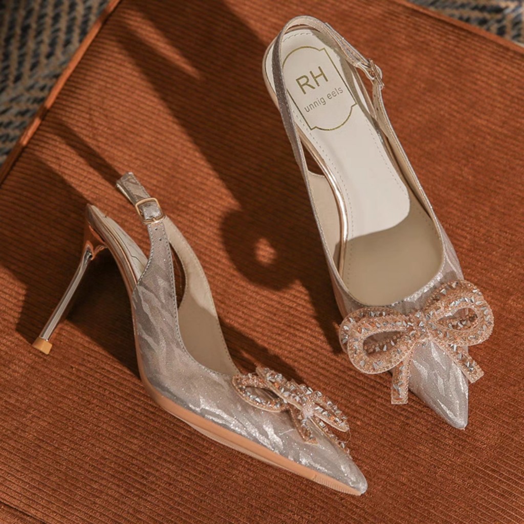 Giày cao gót Chị Đẹp Store 7 phân, chất kim tuyến kết hợp mika đính nơ, giày cưới cô dâu đi tiệc 9p mã GXC125 | BigBuy360 - bigbuy360.vn