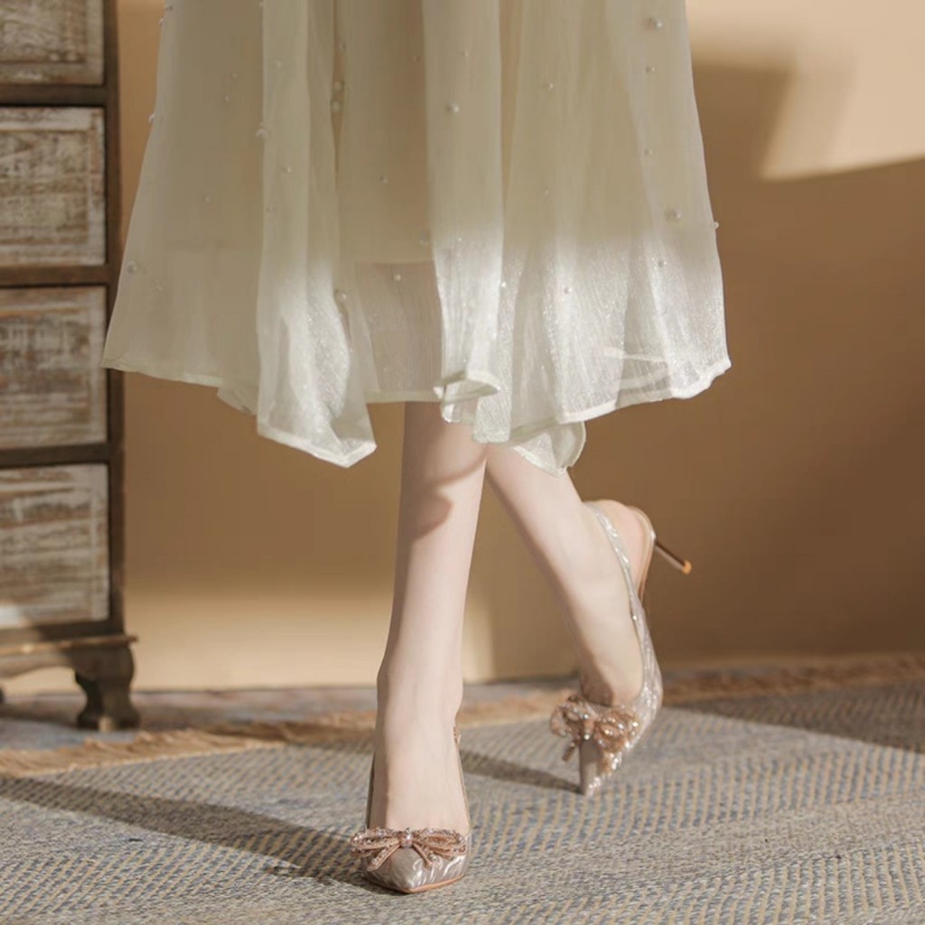 Giày cao gót 7 phân, chất kim tuyến kết hợp mika đính nơ, giày cưới cô dâu đi tiệc 9p mã GSC125 | BigBuy360 - bigbuy360.vn