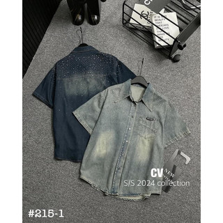Áo sơ mi jean đính đá 1 túi, áo sơ mi jean nữ tay ngắn viens store