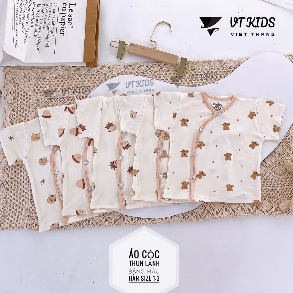 Áo Sơ Sinh Cộc Tay Cài Chéo Thun Lạnh Nền Vàng Siêu Mềm, Mát Cho Bé Trai, Bé Gái AO3