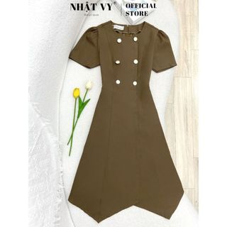 Đầm công sở Nhật Vy cổ tròn tay ngắn đính nút kiểu form dáng ôm chất lụa phù hợp đi làm dự tiệc dạo phố đơn giản - D2975