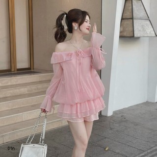 Đầm đi chơi áo voan trễ vai, áo tay dài 2 lơp bông bềnh xinh y hình