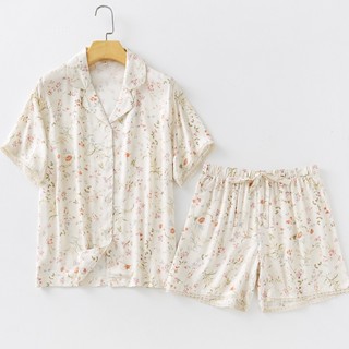 After Bath - Bộ Pyjama Hoa Tay Ngắn Đồ Ngủ Mặc Nhà   Floral In Beige Short PJ Set  PJ132 