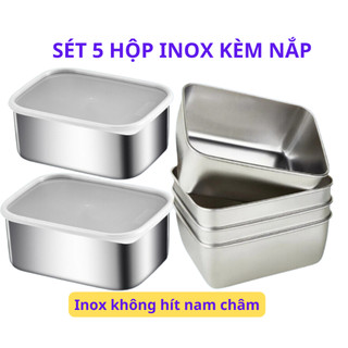 Combo 5 khay đựng thực phẩm inox 304 có nắp đậy, hộp đựng thực phẩm bằng inox để tủ lạnh - Siêu Thị Băng Keo