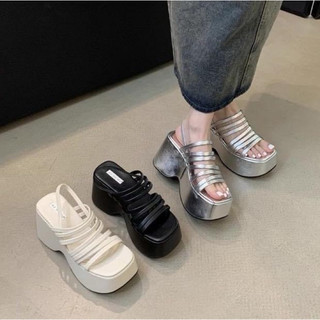 Giày sandal đế xuồng 9cm dây da đan ngang nâng đế dáng mới 2024