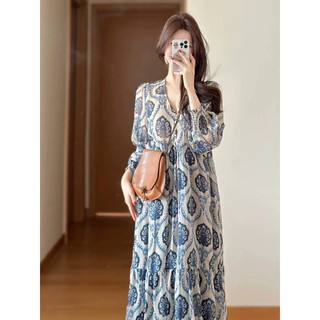 Đầm Maxi Thụng Hoạ Tiết Xanh Navy Tay Bồng Sang Chảnh