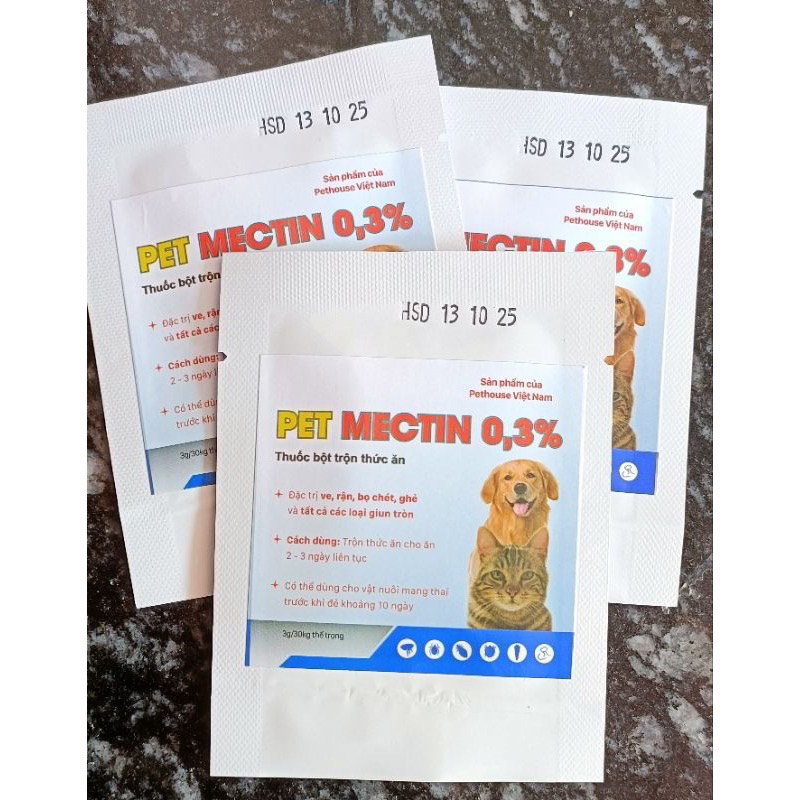 Pet Mectin 0,3% dạng bột trộn thức ăn loại bỏ  ve, rận, bọ chét, ghẻ v