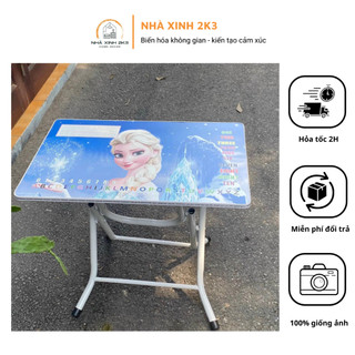 Bàn học gấp gọn bằng gỗ họa tiết đáng yêu cho bé mặt bàn nhám chống bẩn, chân inox cao 45cm sơn tĩnh điện cao cấp