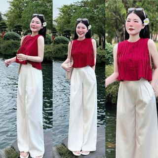 Set áo xếp li quần suông trắng