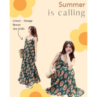 Đầm maxi linen xanh hoa cam dây chéo lưng D165