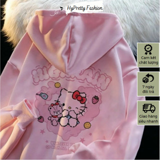 Áo hoodie zip in mèo Kitty màu hồng dễ thương có nón chống nắng tốt unisex HYPRETTY 02