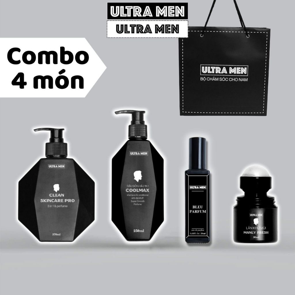 Combo Sữa tắm nam + dầu gội nam + Lăn khử mùi + 20ml nước hoa ,Bộ quà tặng nam giới ultra men cao cấp