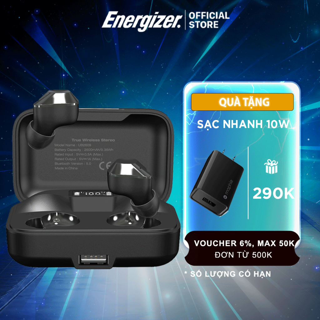 Tai nghe True Wireless Energizer UB2609 - Bluetooth V5.0, tích hợp sạc dự phòng 2600mAh, kháng nước IPX4-Hàng Chính Hãng