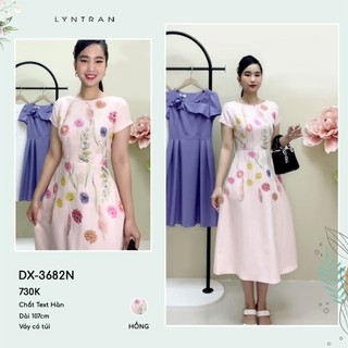 Đầm họa tiết hoa dự tiệc dáng xòe, váy xòe dạo phố cổ leo ngắn tay vai bồng LYNTRAN DX-3682N