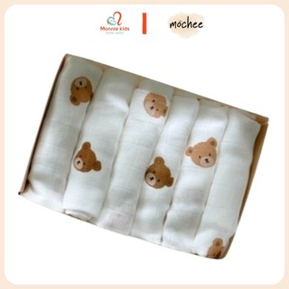 Set 6 khăn sữa sợi tre cho bé Mochee 30x30cm, khăn sữa gấu vải xô organic - Monnie Kids