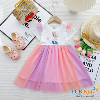 Đầm Elsa bé gái chất thun phối lưới cầu vòng, Váy công chúa Elsa cho bé gái dễ thương size 10 -26kg