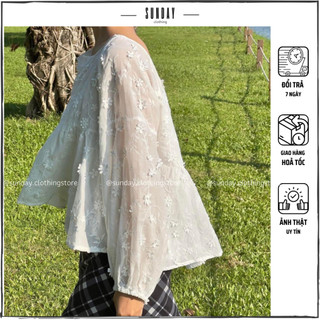 Áo Babydoll Tay Bồng, Áo Kiểu Thêu Hoa Ren Nổi Cột Nơ Phong Cách Dễ Thương Tiểu Thư Tuli Top - Sunday Clothing AO005