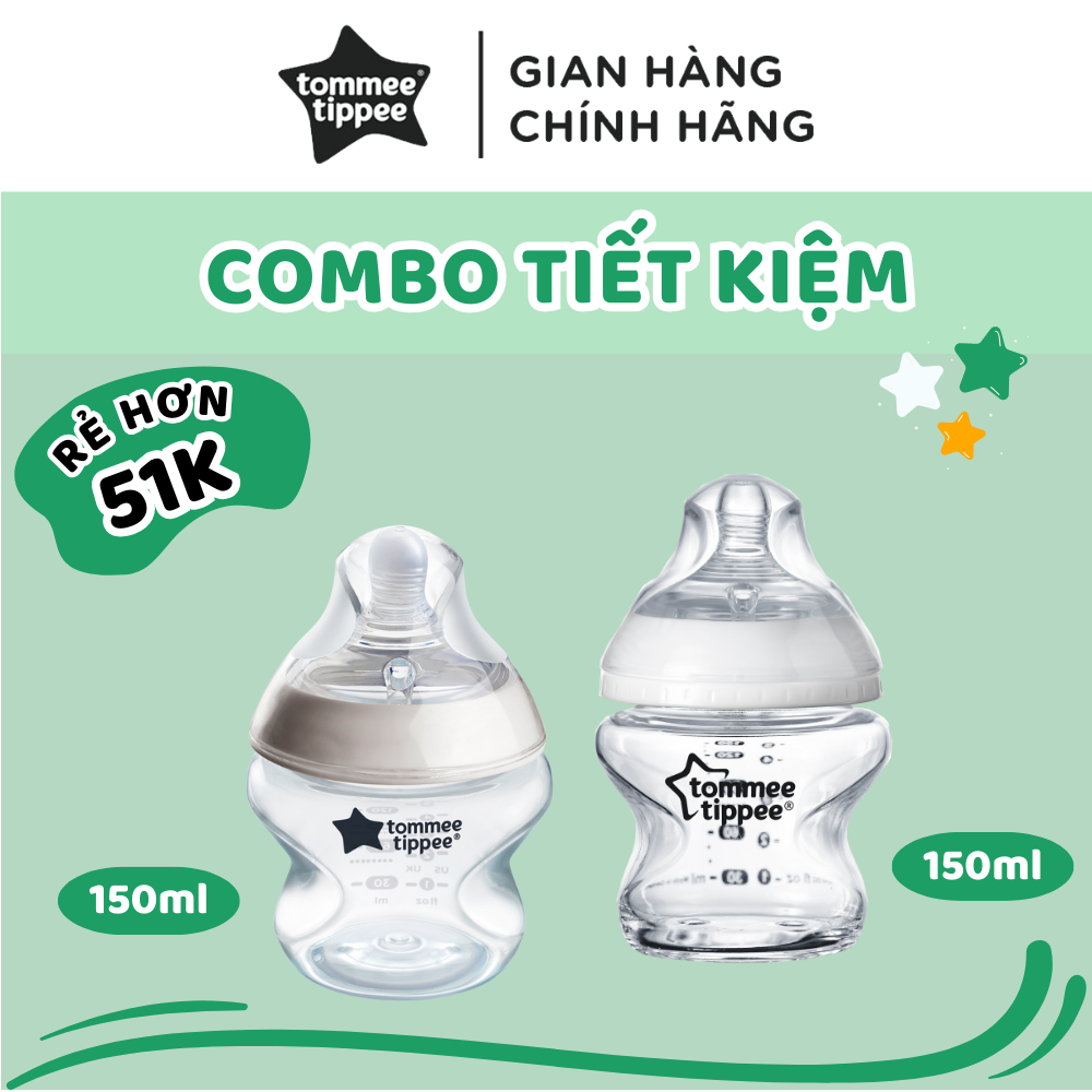 COMBO Bình sữa thuỷ tinh ty siêu mềm tự nhiên Tommee Tippee 150ml & Bình sữa ty siêu mềm tự nhiên Tommee Tippee 150ml