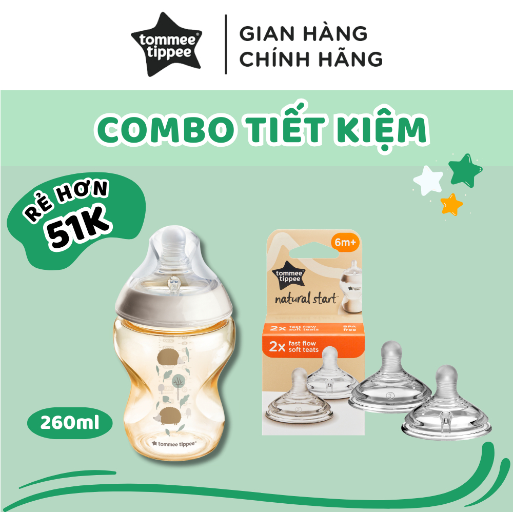 COMBO Bình Sữa PPSU Ty Siêu Mềm Tự Nhiên Tommee Tippee 260ml Hoạ Tiết & Núm Ty Silicon Thay Thế 6M+