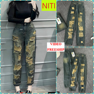  BGTD3400  QUẦN BAGGY JEANS NỮ LƯNG CAO RÁCH TẢ TƠI MÀU XANH RÊU ÁNH VÀNG LAI CUỐN TÔN DÁNG CÁ TÍNH XỊN SÒ 