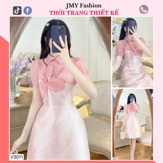 V3011 Váy hồng tafta dáng A nữ tính [Dolce Viva Colection (DVC)] váy tafta phối voan cổ voan đính hoa 3D