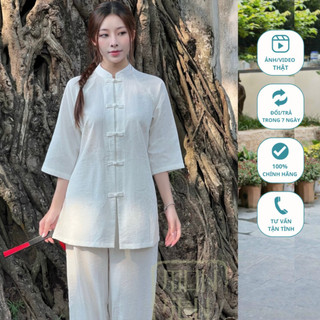 Pháp phục đi chùa set bộ vải đũi xước cổ tàu màu trắng tay lửng trước CBL - Đồ Lam Đi Chùa #đồ thiền  # La Hán # Đồ Bộ #
