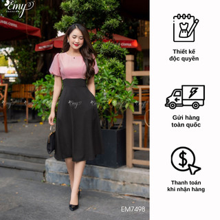 Đầm emy em7498 xoè phối hồng đen