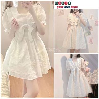 Đầm gấm cổ bèo tay bồng đính nơ- váy babydoll dáng xòe chất gấm xốp tiểu thư công chúa đi chơi dự tiệc hàn quốc - ECCOO