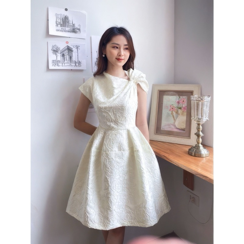 Váy tiểu thư MINA dáng xoè mini dự tiệc, đi chơi chất Gấm hoa hồng MN189