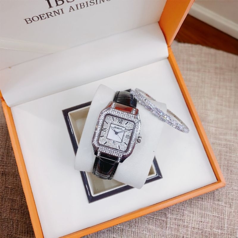 [Chính Hãng 100%] Đồng Hồ Nữ Chính Hãng Jenoti 3766 Mặt Vuông Siz 34mm  Máy Quartz (Pin) Dây Da Đen 