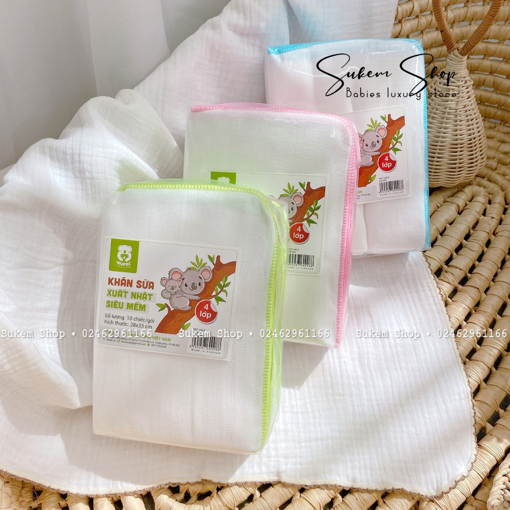 Khăn Sữa Cho Bé/Khăn Xô Mipbi 100% Cotton Tự Nhiên Set 10c An Toàn Cho Bé Sơ Sinh