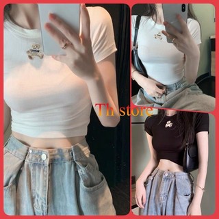 Áo Thun Croptop Cổ Tròn Phối Thêu Gấu Nhỏ - Phong Cách Xinh Xắn Cho Mùa Hè TTSLC0248