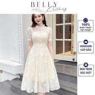 M48 - Váy Tơ Thêu Hoa Nổi Sang Chảnh BELLY Clothing, Váy Thiết Kế Cổ Tròn, Thêu Hoa Nổi, Gam Màu Kem Nữ Tính Sang Chảnh