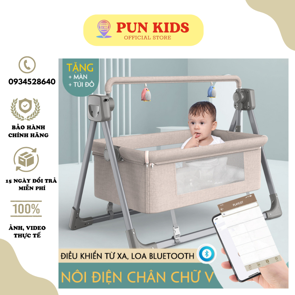 Nôi Cho Bé PUNKIDS Kết Hợp Loa Bluetooth Và Điều Khiển Từ Xa , Tích Hợp Hẹn Giờ Và Cơ Chế Đung Đưa, Dễ Dàng Gấp Gọn