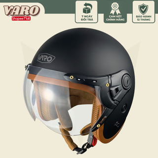 Mũ bảo hiểm 3/4 đầu VARO 368K màu đen, lót nâu cao cấp - kèm kính nửa đầu BH 12 tháng VARO
