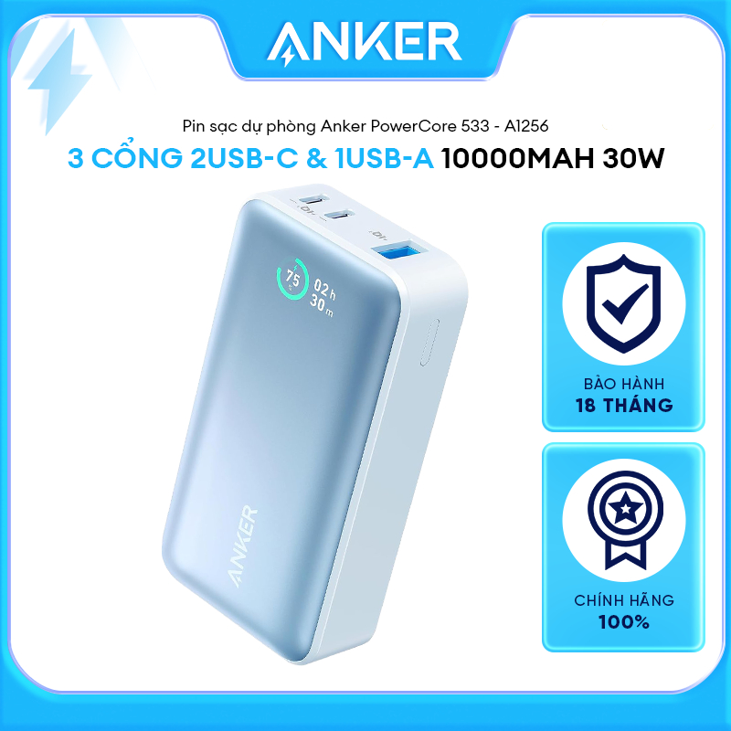 Pin Sạc Dự Phòng ANKER 533 PowerCore 10000mAh 30W - 3 cổng 2USB-C 1USB-A - A1256