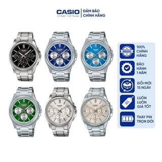 Đồng hồ Nam Casio MTP-1375D, đồng hồ chính hãng, dây bạc mặt đen kiểu dáng thể thao chạy 6 kim