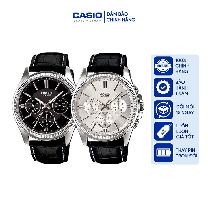 Đồng hồ Nam Casio MTP-1375L, đồng hồ chính hãng, dây da đen mặt thể thao chạy 6 kim