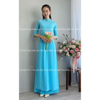 Áo dài trơn lụa Nhật cổ tròn màu xanh da trời AK24