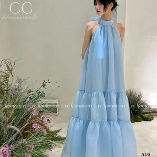 Đầm Maxi Đi Biển Cổ Yếm Xanh-Hồng Thắt Nơ Sau Form Xoè Rộng Hàng 2 Lớp, Váy Maxi Tơ Cổ Yếm Dáng yuna68 D008